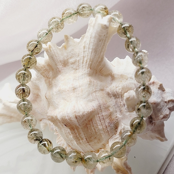 Natural Green Tourmaline Hair Rutilated Crystal Beads Stretch Bracelet Set - Picture 4 of 8